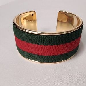 Gucci Green And Red Web Stripe Gold Cuff Bracelet